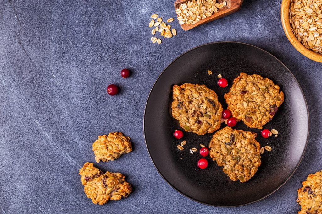 Homemade oatmeal cookies with cranberries and pumpkin seeds.